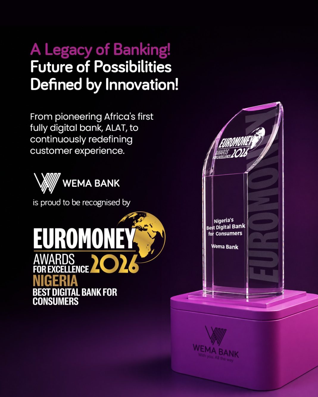 Wema Bank Wins Euromoney’s Nigeria’s Best Digital Bank for Consumers 2026 Award